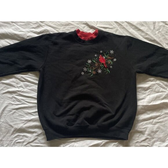 Country Store Womens Black Sweatshirt W/ Embroidered Cardinal & Pinecone Design - Picture 1 of 10